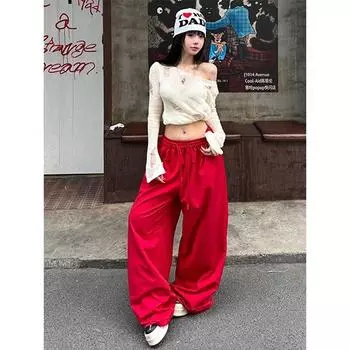 Red Drawstring Leisure Fashion High Street Vibe Loose Pants Red S