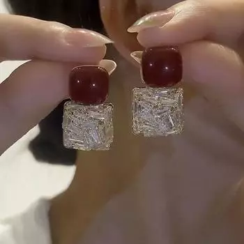 Red Fashion Square Full Diamond Fall and Winter South Korea Silver Needle Gold zircon earrings Red