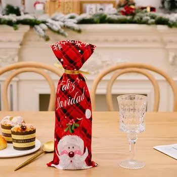 Red Festive Green Checkered Snowman Wine Bottle Cover Perfect For Christmas Decor StyleA