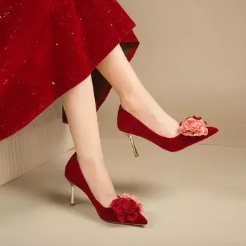 Red flower high heels 2024 new Korean version pointed head shallow mouth stiletto one pedal single shoes female bride shoes Xiuhe 35