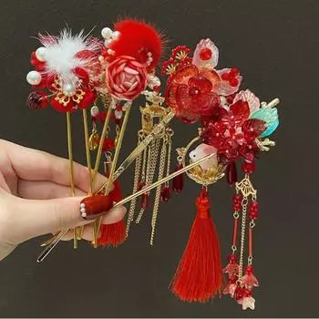 Red Flower Pendant Hair Stick Classic Hanfu Hairpin Hair Ornaments Chinese Headwear Girls style 4