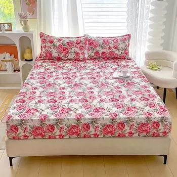Red Flower Printed Bed Sheet Sets Queen/King Size matrimonial Reactive Printed Fitted Bedsheets for Double Bed only 2pcs pillowcase