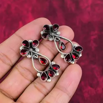 Ювелирные изделия из чистого серебра 925 пробы с красным гранатом, красивые серьги ручной работы, потрясающие ювелирные изделия с драгоценными камнями граната для любви 1.65 inches красный