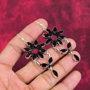 Красный гранатовый драгоценный камень 925 пробы, сплошное стерлинговое серебро, красивые серьги ручной работы для любви, ювелирные изделия для нее 3.03 Inches красный