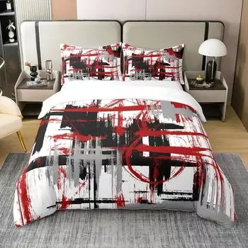 Red Grey White Geometric Bedding Set Full Size Stripes Duvet Cover Bedroom Decor Abstract Comforter Cover Set with 2 Pillow Case 70x133cm 2pcs