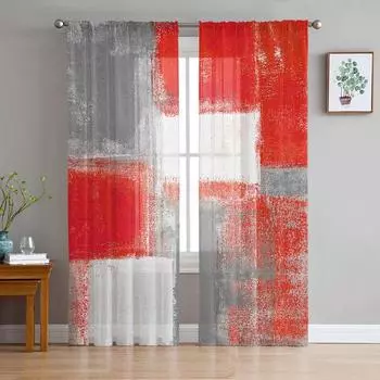 Red Grey White Oil Painting Abstract Geometric Sheer Curtains for Living Room Decor Window Curtains Kitchen Tulle Voile Curtains W135 x H115cm x1