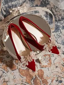 Red high heels women s 2024 new Xiuhe wedding dress two wear not tired feet thick heel bride shoes feeling spring and autumn 34 бордовый