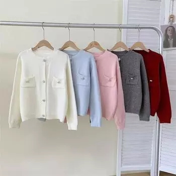 Red knitted cardigan women s early autumn long-sleeved loose sweater new round neck thin top women s clothing average size