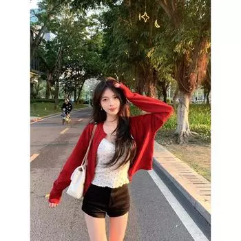 Red Knitting Cardigan Early Autumn Women s New Arrival 2025 Korean Style Spring Autumn Outerwear Cropped Sweater Coat Tops Bottoming Shirt Red S([Recommended 37.50 kg-45.00 kg]])