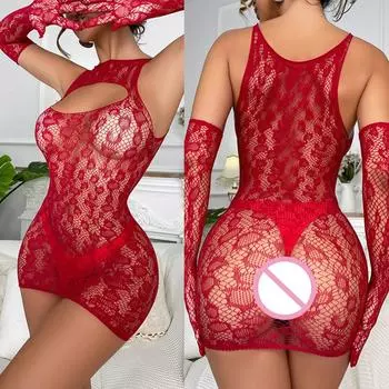Красный кружевной комплект для сна и нижнего белья с полыми перчатками Соблазни свою One Size