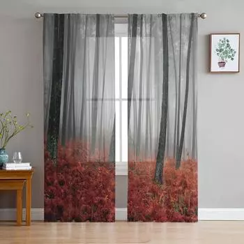 Red Leaves Forest Sheer Curtains for Living Room Modern Voile Curtain Bedroom Tulle Curtains Window Drapes Decor W135 x H114cm