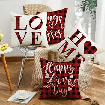 Red Letter Plaid Series Valentine s Day Cushion Linen Print Sofa Cushion Cushion Cover Does Not Include Pillow Core 45*45cm