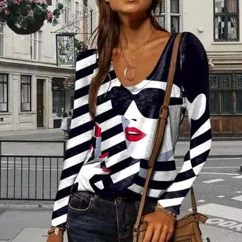 Red Lipped Woman Print Женские футболки Женские топы Длинные рукава V-образный вырез Пуловер Femme Футболки Футболка для женщин XS красный