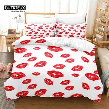 Red Lips Duvet Cover Set, Fashion Bedding Set, Soft Comfortable Breathable Duvet Cover, For Bedroom Guest Room Decor EU single(135x200cm)