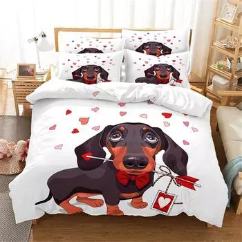 Red Love Cartoon Dog Пододеяльник Таксы Животные Тема для любителей собак Подарки Украшения для спальни для детей Подростков Женщин Мужчин 70x133cm 2pcs