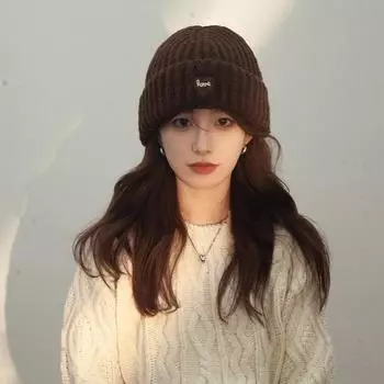 Red love knitted wool hat women s big head circumference 2024 autumn and winter warm ear protection cold hat showing face small hat M56-58cm темно-серого