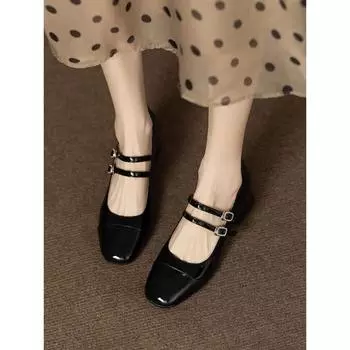 Red Mary Jane single shoes women s versatile square head light mouth small leather shoes retro thick heel high heels silver shoes 35