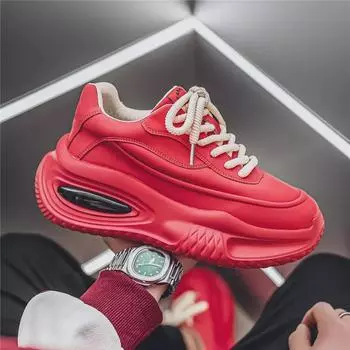 Red Men s Spring Leather Casual Shoes: Trendy, Comfortable, Thick-Soled Dad Sneakers Size 42 красный