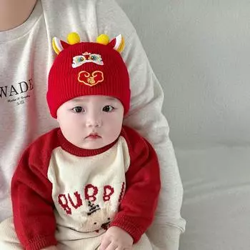 Red New Year s baby hat autumn and winter warm knitted pullover hat for boys and girls, small month-old fetal hat, wool hat