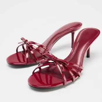 Red Patent Leather Women Slippers Sandals Fashion Round Open Toe Thin High Heels Mules Slides Summer Party Dress Shoes 35