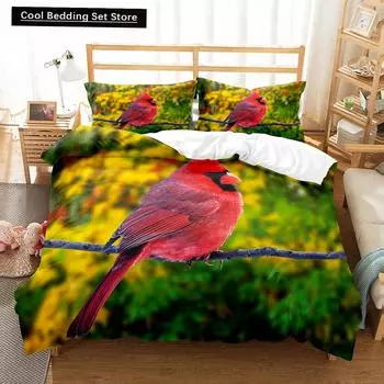 Red Rare Birds King Queen Duvet Cover Tropical Flying Animals Bedding Set Wildlife Quilt Cover 2/3pcs Polyester Comforter Cover EU single(135x200cm)
