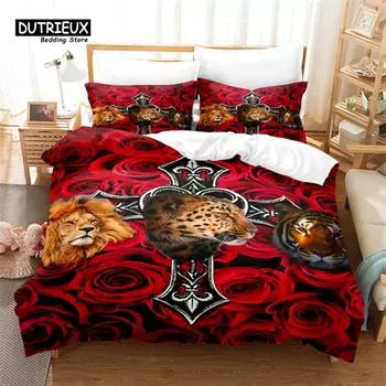 Red Rose, Animal Duvet Cover Set, Lion Tiger Bedding Set, Soft Comfortable Breathable Duvet Cover, For Bedroom Guest Room Decor 150x200cm 3pcs