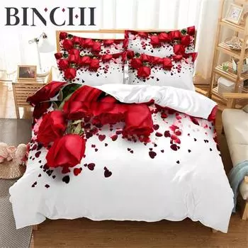 Red Rose Bedding Set Duvet Cover Set 3d Bedding Digital Printing Bed Linen Queen Size Bedding Set Fashion Design EU single(135x200cm)&set