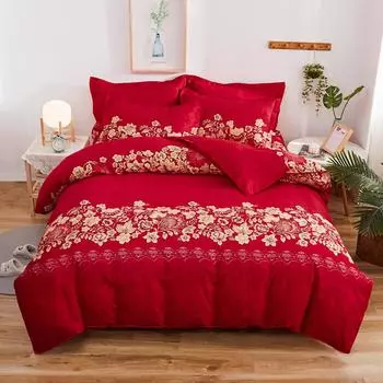 Red Rose Duvet Cover Queen Gold Botanical Floral Comforter Cover for Girl Women Lover Valentine Gift 3PCS Reversible Bedding Set Single 150x200cm