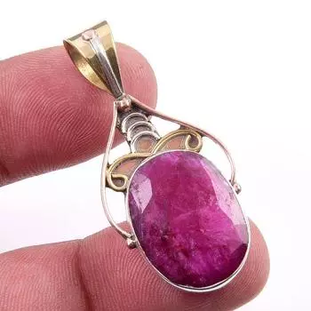 Red Ruby(Simulated) Handmade 925 Sterling Silver Two Tone Pendant 1.75 V7V09