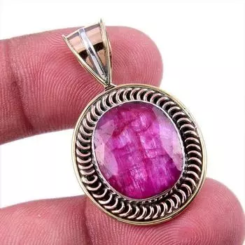 Red Ruby(Simulated) Handmade 925 Sterling Silver Two Tone Pendant 1.50 Q7t57