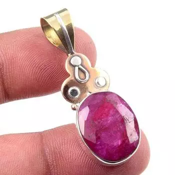Red Ruby(Simulated) Handmade 925 Sterling Silver Two Tone Pendant 1.75 L8t32