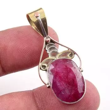 Red Ruby(Simulated) Handmade 925 Sterling Silver Two Tone Pendant 1.50 g4L05