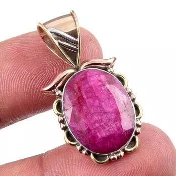 Red Ruby(Simulated) Handmade 925 Sterling Silver Two Tone Pendant 1.25 f1S57