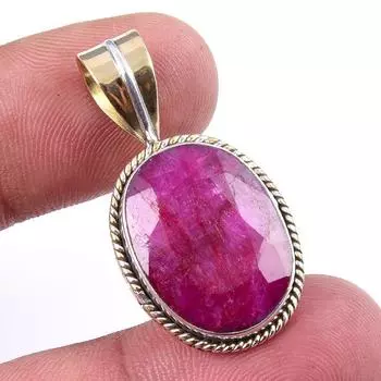 Red Ruby(Simulated) Handmade 925 Sterling Silver Two Tone Pendant 1.25 I2m08
