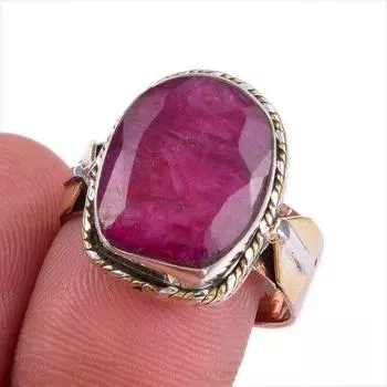 Red Ruby(Simulated) Handmade 925 Sterling Silver Jewelry Two Tone Ring S.9 t8U65