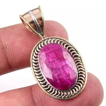 Red Ruby(Simulated) Handmade 925 Sterling Silver Two Tone Pendant 1.50 C3H73