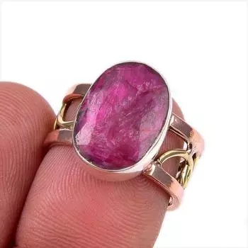 Red Ruby(Simulated) Handmade 925 Sterling Silver Jewelry Two Tone Ring S.6 U2I42