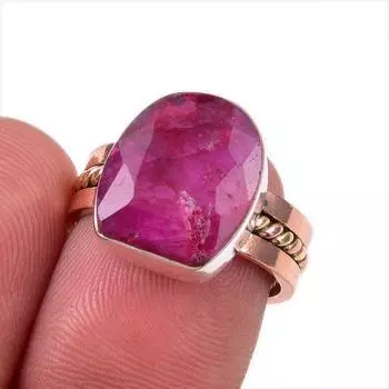 Red Ruby(Simulated) Handmade 925 Sterling Silver Jewelry Two Tone Ring S.6 M1S29
