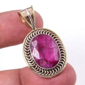 Red Ruby(Simulated) Handmade 925 Sterling Silver Two Tone Pendant 1.25 I5r08