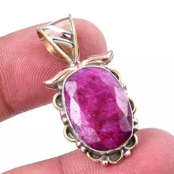 Red Ruby(Simulated) Handmade 925 Sterling Silver Two Tone Pendant 1.25 e7G31