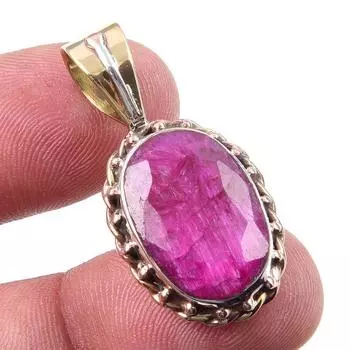 Red Ruby(Simulated) Handmade 925 Sterling Silver Two Tone Pendant 1.25 B7n73