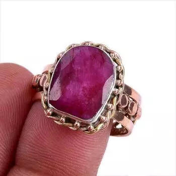 Red Ruby(Simulated) Handmade 925 Sterling Silver Jewelry Two Tone Ring S.9 D7P73