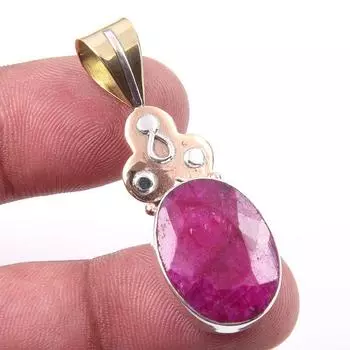 Red Ruby(Simulated) Handmade 925 Sterling Silver Two Tone Pendant 1.75 h3o53