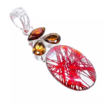 Red Rutile Quartz, Smokey Gemstone 925 Sterling Silver Jewelry Pendant 2.5 AH-3273 2.17 красный