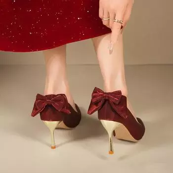 Red satin bridal shoes 2024 spring and autumn new elegant bow pointed stiletto single shoes women s heels satin 34
