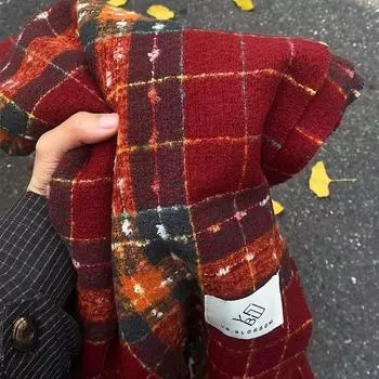 Red Scarf Retro Plaid Winter New Versatile Warm Korean Version Couple Scarf College Thickened Premium Scarf