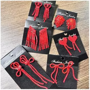 Red Series Rhinestone Earrings Bow-shaped Long Tassel Earrings for Women Temperament High-end Earrings
