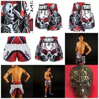 Red Skull Muay Thai MMA Kickboxing Boxing Shorts Retro Vintage Pants Print 3D Microfiber Elastic Fight Martial Art Training Fitness Gym Workout