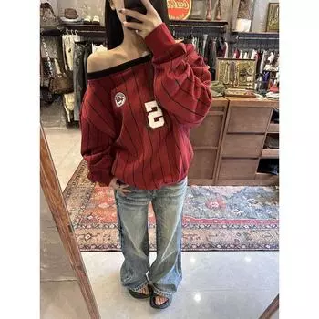 Red Slant Shoulder Stripes American Sweatshirt Pure Desire Sexy 2025 New Arrival Spring and Autumn Jersey Long Sleeve Loose Top Women Red S
