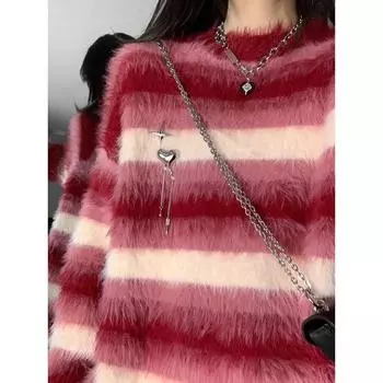 Red Stripes Soft Glutinous Fancy Mohair Sweater Female Loose and Lazy Style Heart Brooch Autumn and Winter Knitting Tops Red S